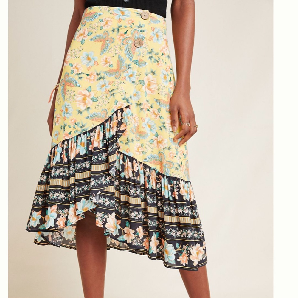 Farm Rio Hedi Floral Ruffle Peasant Boho Minimal Cottage Modern Midi Wrap Skirt